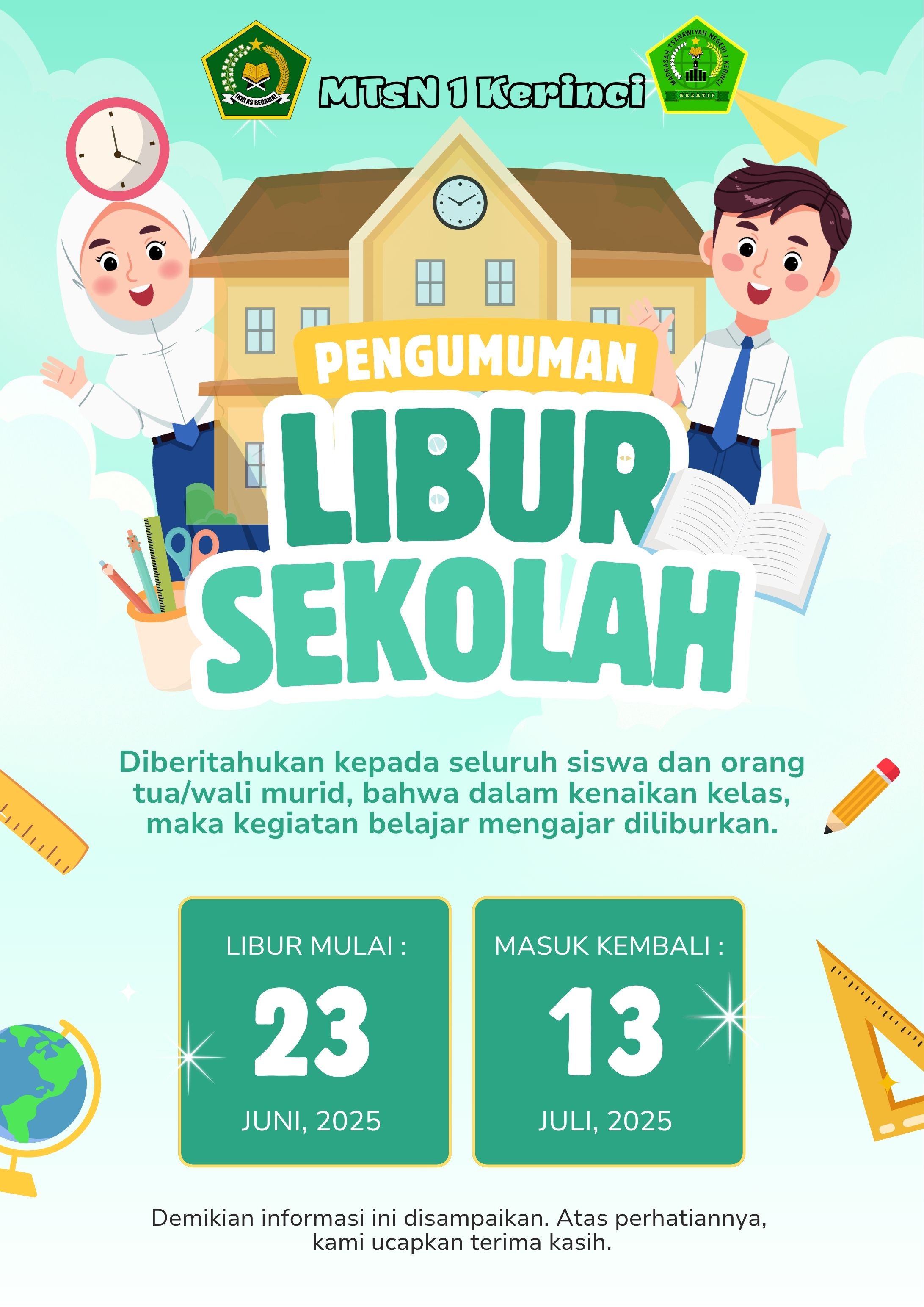 Pemberitahuan Libur Semester Genap MTsN 1 Kerinci Tahun Pelajaran 2024/2025