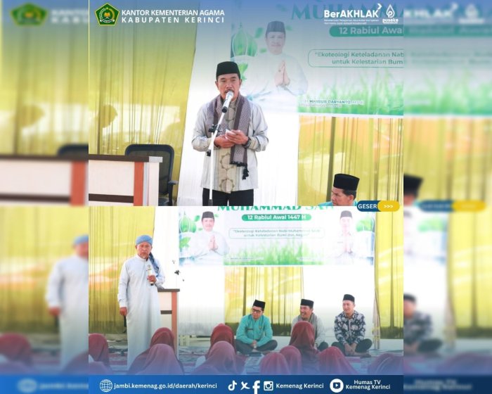 Kepala MTsN 1 Kerinci Ibu Hasminiyeti, S.Ag., M.Pd, dan Kaur TU Menghadiri Kegiatan Peringatan Maulid Nabi Muhammad SAW.