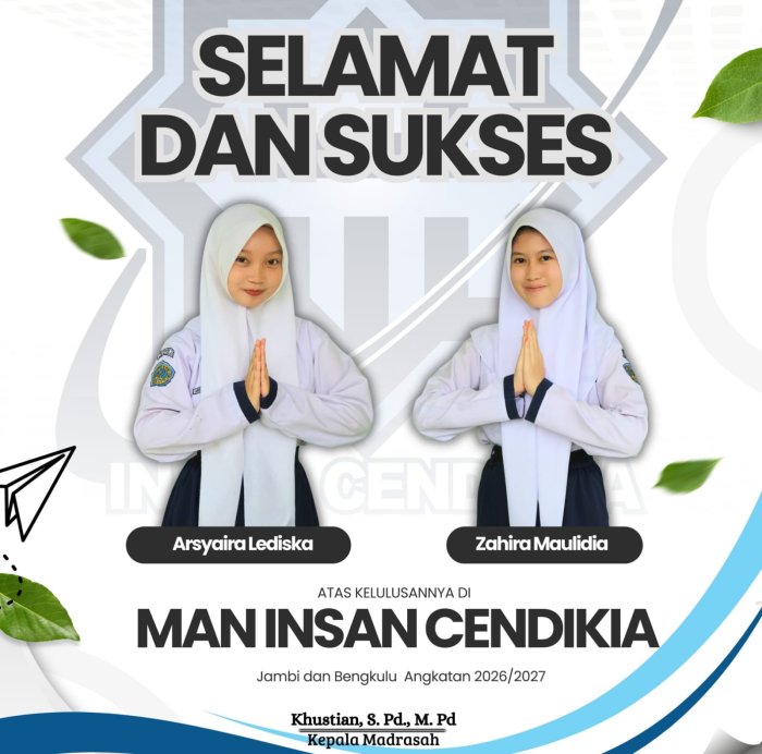 Inspiratif! Dua Siswi MTsN 1 Kerinci Ukir Prestasi, Lulus di MAN Insan Cendekia Bengkulu dan Jambi