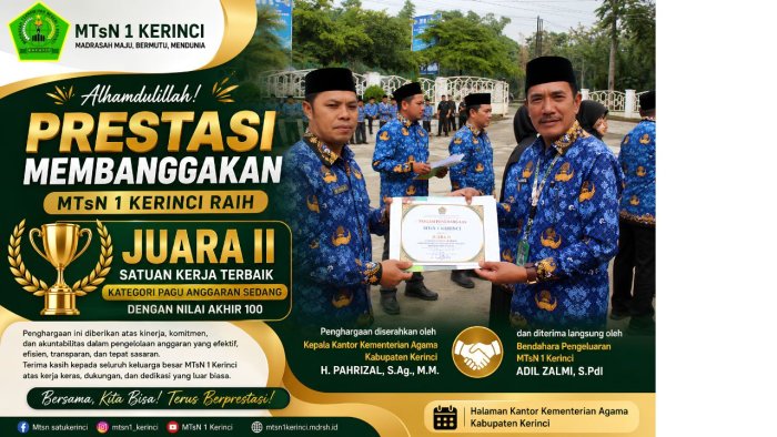 Resmi! MTsN 1 Kerinci Dinobatkan sebagai Juara II Satuan Kerja Terbaik Kategori Pagu Anggaran Sedang Resmi! MTsN 1 Kerinci Dinobatkan sebagai Juara II Satuan Kerja Terbaik Kategori Pagu Anggaran Sedang