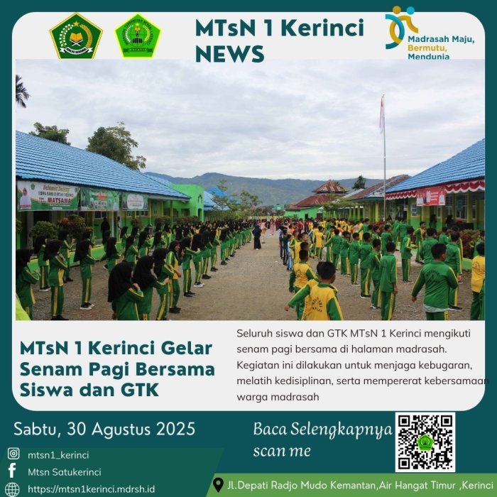 Seluruh Siswa dan GTK MTsN 1 Kerinci Antusias Ikuti Senam Rutin di Lapangan Madrasah