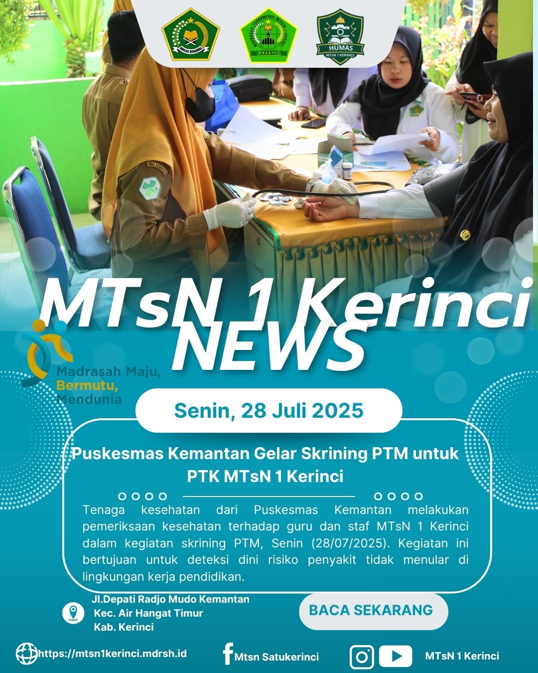 Cegah Sejak Dini, Puskesmas Kemantan Gelar Skrining PTM untuk PTK MTsN 1 Kerinci
