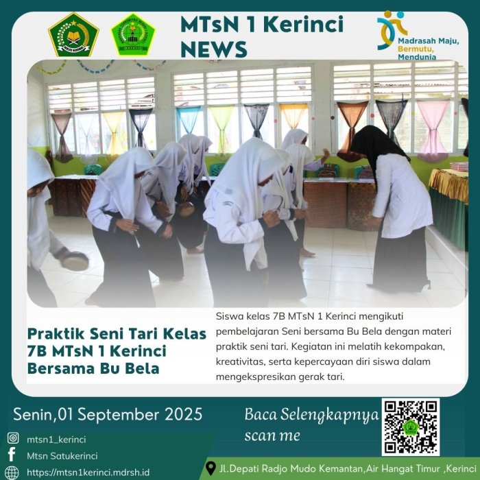Siswa Kelas VII B MTsN 1 Kerinci Antusias Ikuti Praktik Seni Tari Rangguk dan Tari Saman Bersama Ibu Bela