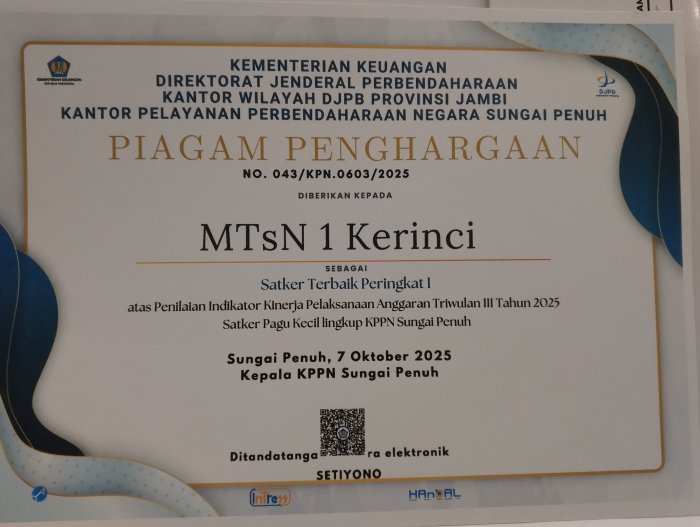 MTsN 1 Kerinci Sabet Peringkat I Satker Terbaik KPPN Sungai Penuh