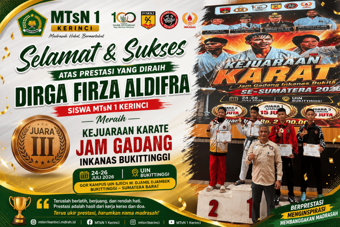 Siswa MTsN 1 Kerinci Berprestasi, Dirga Firza Aldifra Sabet Juara III Kejuaraan Karate Jam Gadang INKANAS Bukittinggi Siswa MTsN 1 Kerinci Berprestasi, Dirga Firza Aldifra Sabet Juara III Kejuaraan Karate Jam Gadang INKANAS Bukittinggi