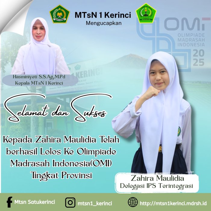 Hebat! Zahira Maulidia Antar MTsN 1 Kerinci Melaju ke OMI Tingkat Provinsi